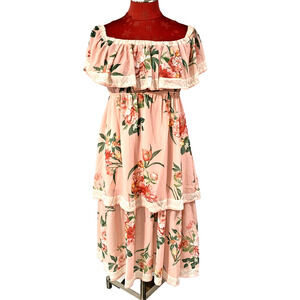 Lulus M Peachy Pink Off The Shoulder Peasant Style Sun Dress Floral Ruffles Lace